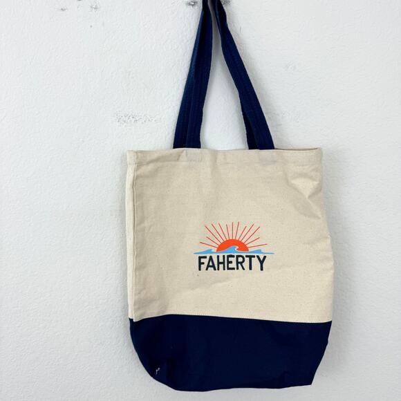 Faherty Canvas Lightweight Reusable Tote Bag Branded Cream Blue - Picture 5 of 8